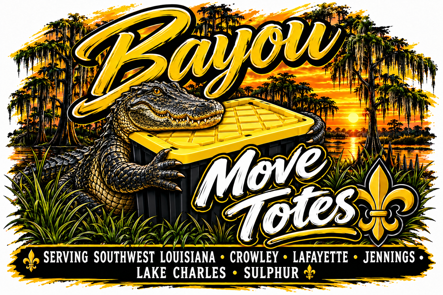 Bayou Move Totes alligator artwork with reusable moving tote and Southwest Louisiana service area